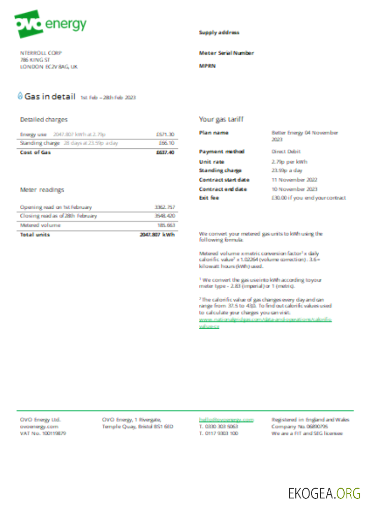 Facture commerciale du service public d'Ovo Energy, SCR